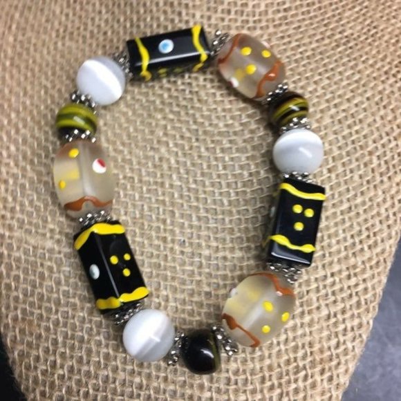 Glass Stretch Bracelet Black White Silver Yellow Red Brown Moonstone Retro BoHo - Picture 2 of 3